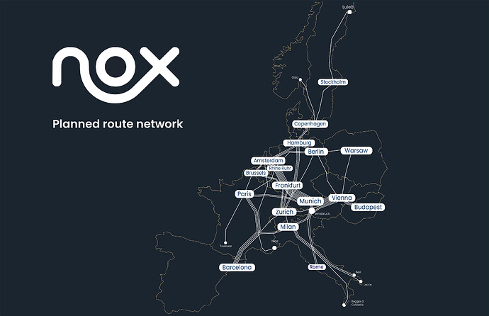 Nox sitt planlagte rutenettverk for nattoget. ©Nox Mobility